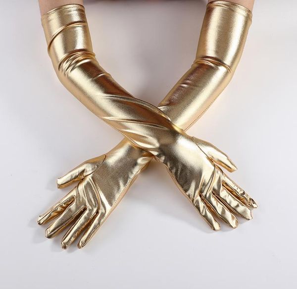 Lange Handschuhe für Damen, 1920er-Jahre, Abendparty, Kostümzubehör, Fäustlinge, sexy Kunstleder-Opernhandschuh, Cosplay-Kleid-Requisiten, glänzend, metallisch, Schwarz, Gold, Silber, elastisch