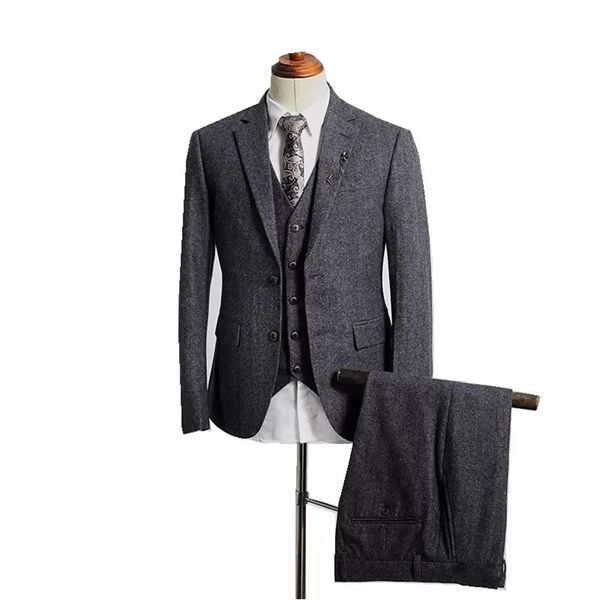 

custom made winter grey tweed fabric man business suits groom tuxedos men party coat waist coat trousers sets (jacket+vest+pants), Black;gray