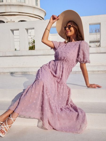 

swiss dot ruffle hem puff sleeve chiffon dress q87g#, Black;gray