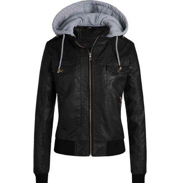 Winter neue Kunstlederjacke Frauen abnehmbare Hoodies -Schichten Ladies Casual Jacken wasserdichte Motorrad -Kapuze -Schichten WF164 L220728