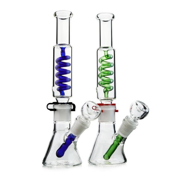 Großhandel grün blau gefrierbare Becherglas-Bong-Wasserpfeifen mit Kondensatorspule, diffuses Downstem, 18 mm weibliches Gelenk, Öl-Dab-Rigs, Wasserpfeife ILL04