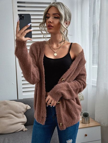 

raglan sleeve button front fuzzy cardigan g20u#, White;black