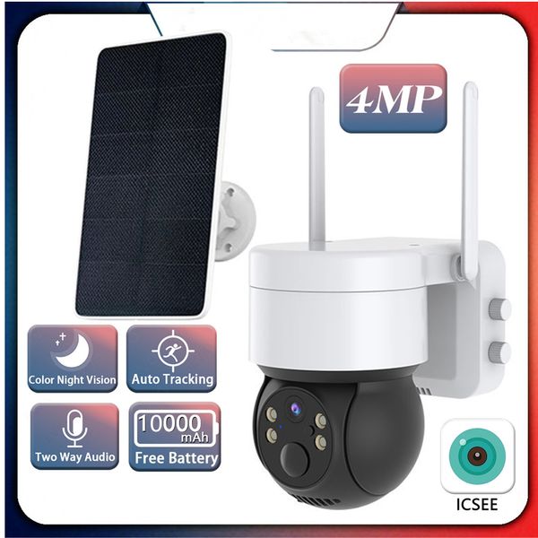 Câmera solar de 4MP Wi -Fi Detecção Humana Pir Outdoor Câmeras de vigilância em cores IP com painel solar 10000mAh Bateria de recarga