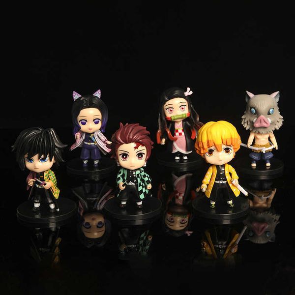 

huiya01 6 pcs hand-made demon slayer anime tanjiro nidouzi zenyi inosuke yiyongbutterfly ninja pvc figure children's toys g0911
