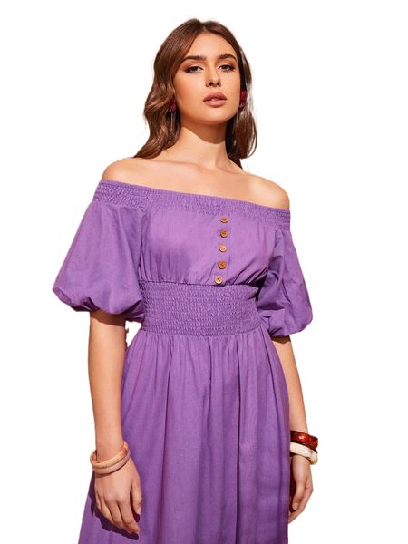 

off shoulder fake button shirred waist lantern sleeve dress t5sy#, Black;gray