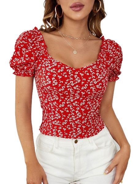 

ditsy floral sweetheart neck frilled puff sleeve blouse b3le#, White