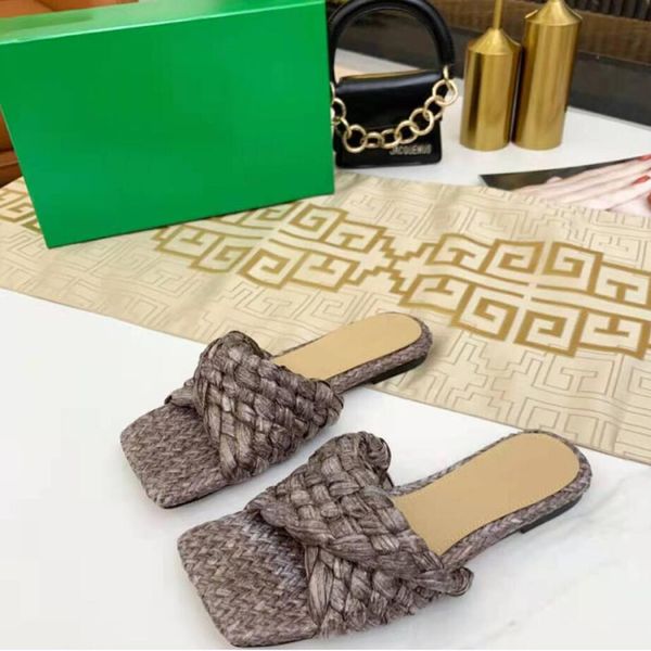 Summer Women Luxury Sliper Slip on Slides Classic Pure Manual Weaving Testa di testa quadrata Ladies Casual Mop Flop Flop Comfort Flip Flops Box Box Ou 35-42