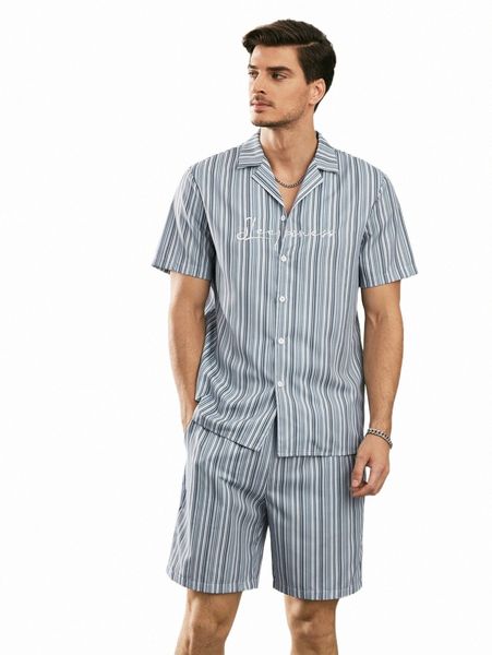 

men striped & letter graphic shirt and drawstring waist shorts j4yx#, Gray