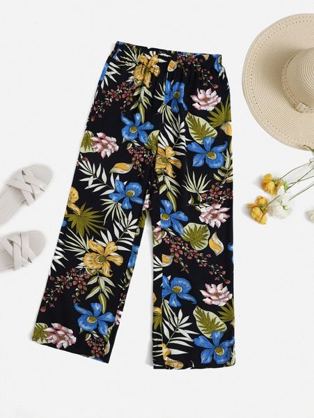 

floral print elastic waist pants h4cf#, Black;white