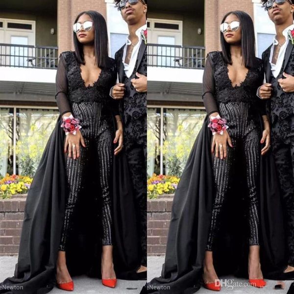 

black jumpsuit prom dresses 2022 designer plunging v neck 3/4 long sleeves ruched lace applique custom made evening party gowns formal occas