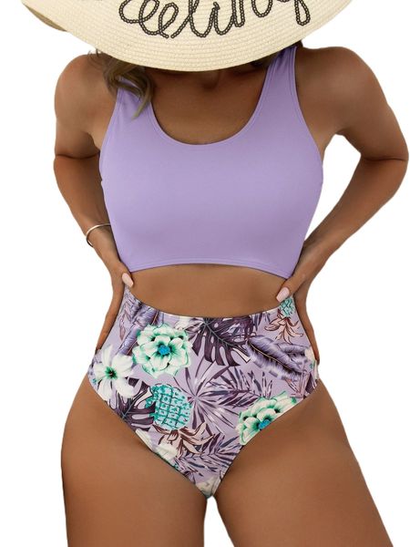 

random tropical print cut out one piece swimsuit z464#, White;black