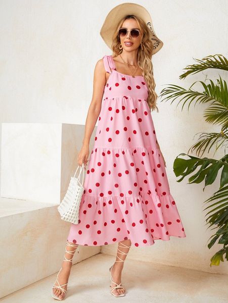 

knot shoulder polka dot print ruffle hem cami dress k0rj#, Black;gray