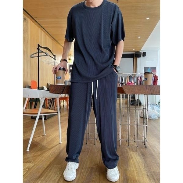 

short sleeve pants tracksuit men gym summer light thin suit mens handsome korean fashion leisure sports two piece 220611, Gray