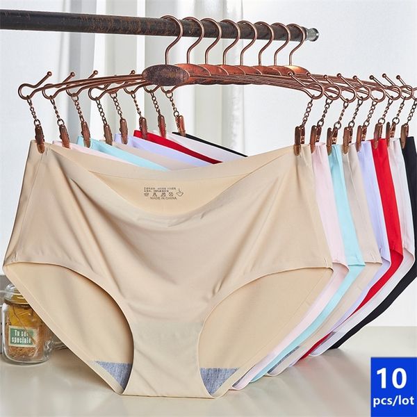 

10pcs women's underwear mid waist ice silk seamless panties for women lingerie breathable traceless briefs female 220426, Black;pink