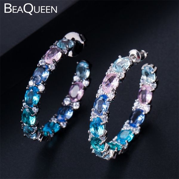 

beaqueen big oval round pink blue green multicolored cubic zirconia rainbow crystal circle hoop earrings women jewelry e302 220817, Golden;silver
