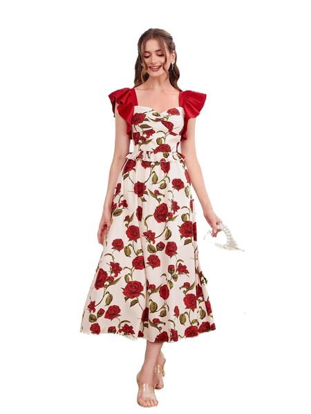 

floral print ruffle trim dress s0in#, Black;gray