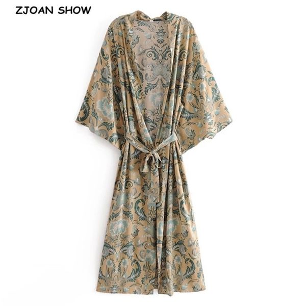 Bohemia Phoenix Tail Çiçek Baskı Uzun Kimono Gömlek Boho Etnik Kadınlar Yay Sashes uzun hırka gevşek bluz üstleri 210401