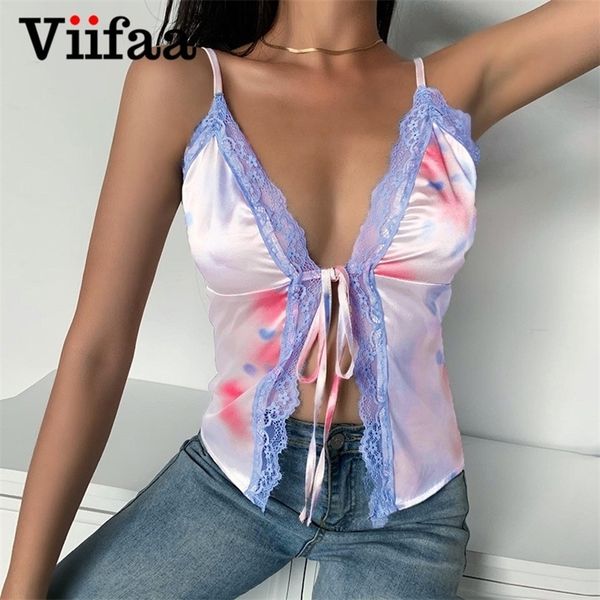 

viifaa lace trim tie front deep v neck tie dye crop satin silky nightwear women summer party cami t200729, White