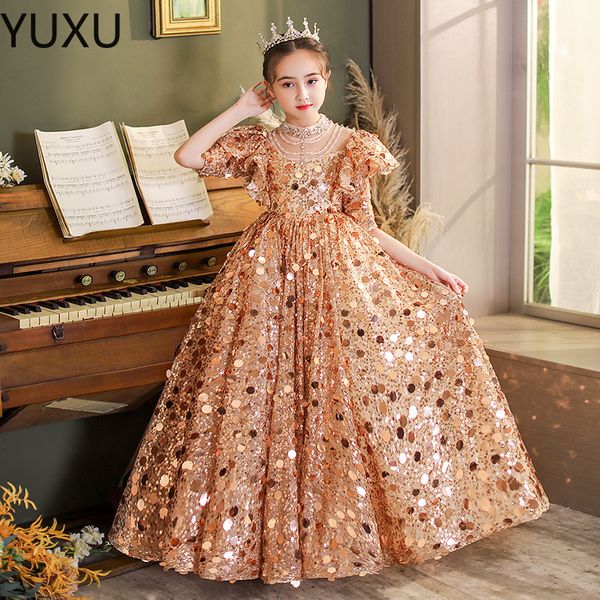 2023 Vestidos de flores para meninas com lantejoulas douradas de ano novo para casamento Ombro sem mangas Manga curta Vestido de primeira comunhão para crianças Vestido de baile de formatura para meninas Vestidos de desfile