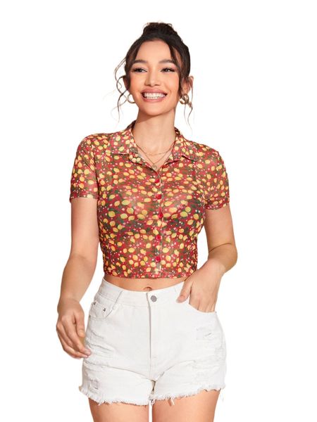 

x. yuan xu lemon &. floral p.rint c.rop .esh t.op without bra s6qd#, White