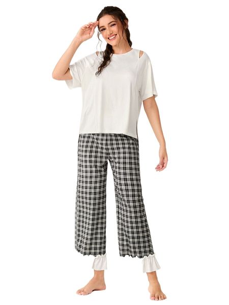 

cut out drop shoulder tee & plaid ruffle hem pants pj set q4qn#, Black;red