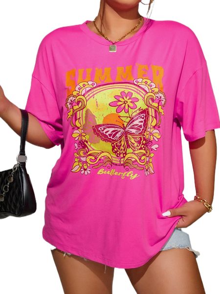 

plus butterfly & letter graphic drop shoulder tee a5wi#, Black