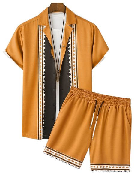 

men geo print shirt & shorts without tee 03oi#, Gray