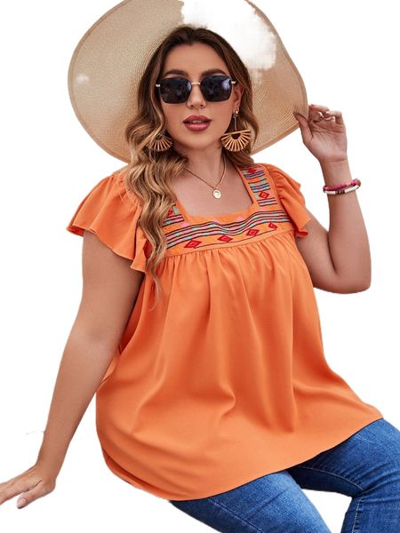 

plus geo embroidery ruffle cuff blouse y8tg#, Black