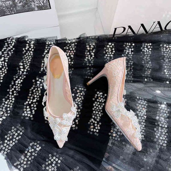 

dress shoes high heels women's thin french girls' lace flowers pointed temperament elegant dress wedding shoes, Black