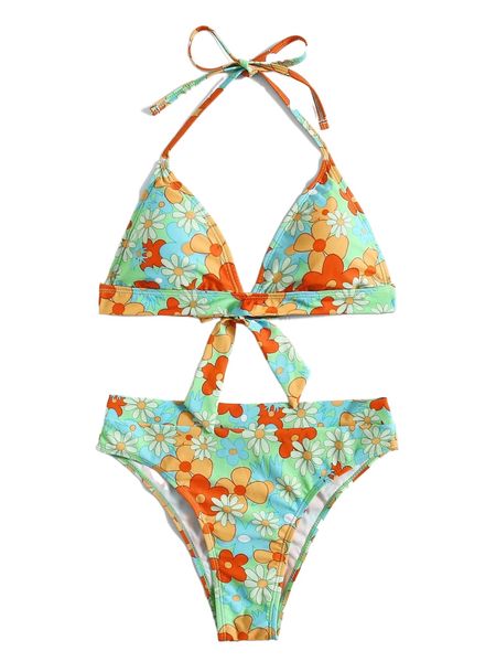 

floral knot back halter triangle bikini swimsuit s1fv#, White;black