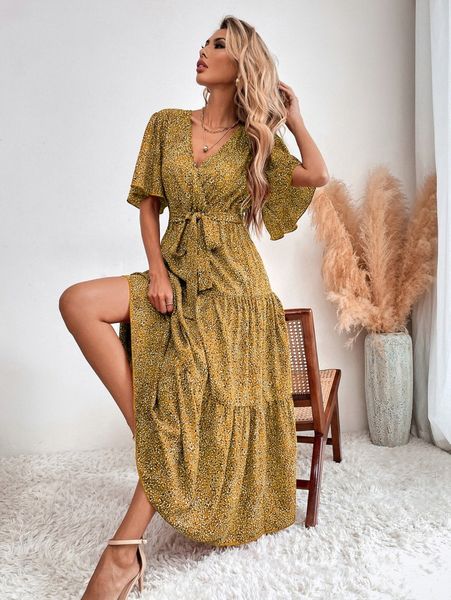 

allover print butterfly sleeve ruffle hem belted dress u4r7#, Black;gray