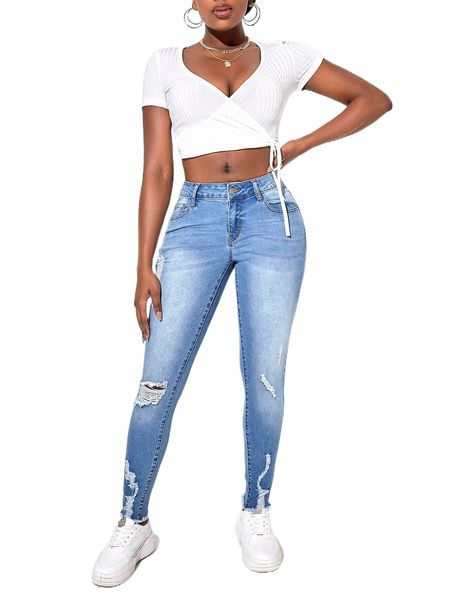 

sxy ripped raw cut skinny jeans e9z2#, Blue