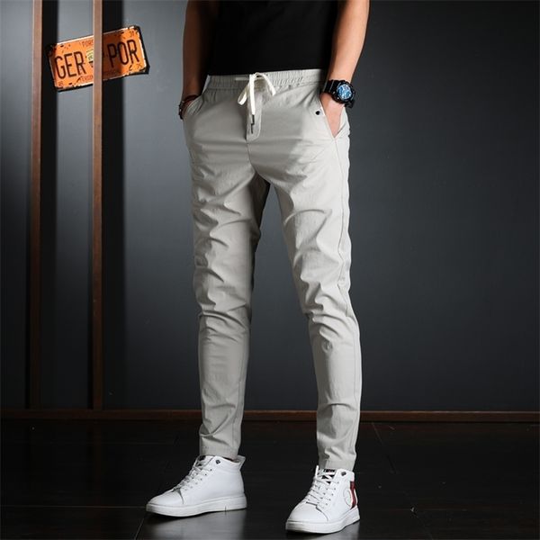 

summer men elastic waist casual pants korean streetwear lightweight cotton gray slim fit trousers 220330, Black