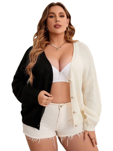 

plus two tone drop shoulder cardigan 84e6#, Black