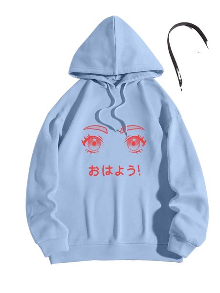 

japanese letter & eye print drawstring thermal hoodie y3kc#, Black