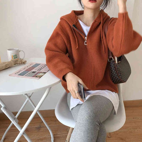

women's polos hooded knitwear short pure color casual korean version loose and thin long sleeve outer zipper cardigan spring fashion cr, White