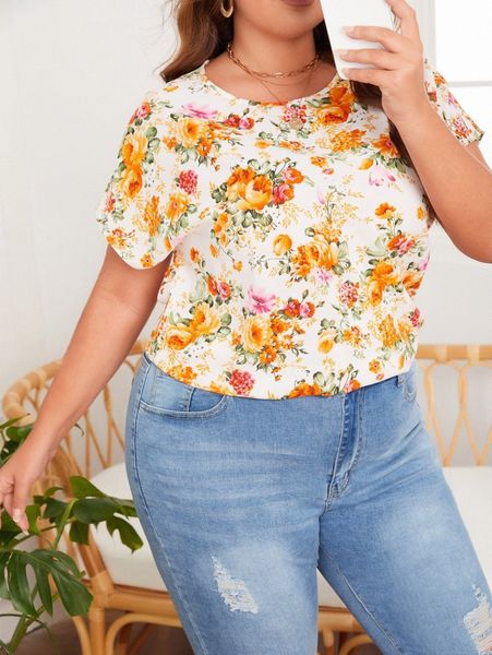 

plus floral batwing sleeve keyhole blouse y30a#, Black