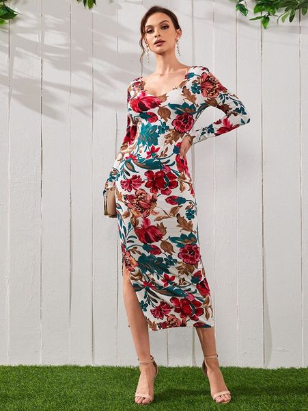 

floral print scallop trim split hem dress w3iv#, Black;gray