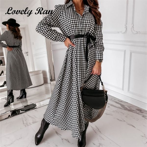 

spring long sleeve plaid women dress with belt high waist turn down collar female dresses 2021 new elegant vintage lady vestidos 210320, Black;gray