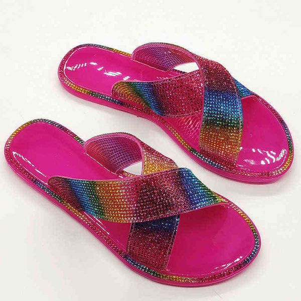

slippers women's fashion cross rainbow rhinestone printed color large size outside wear flat female shoes woman slides 220530, Black