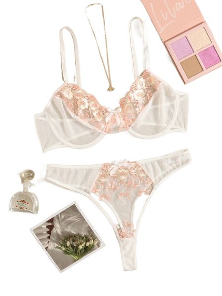 

plus floral embroidery mesh underwire lingerie set u9ra#, Black;white