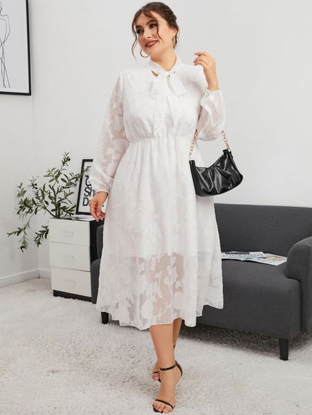 

plus jacquard tie neck lantern sleeve dress b6tv#, Black