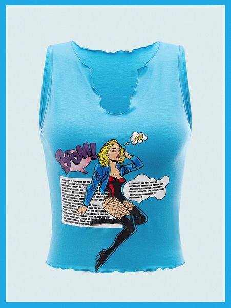 

figure and slogan graphic notch neck lettuce trim tank t08m#, White