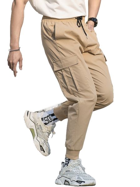 

men flap pocket side drawstring waist cargo pants r5iu#, Black