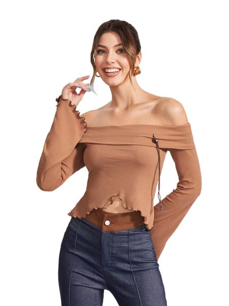 

x karla campos lettuce trim off shoulder asymmetrical rib knit tee a8st#, White