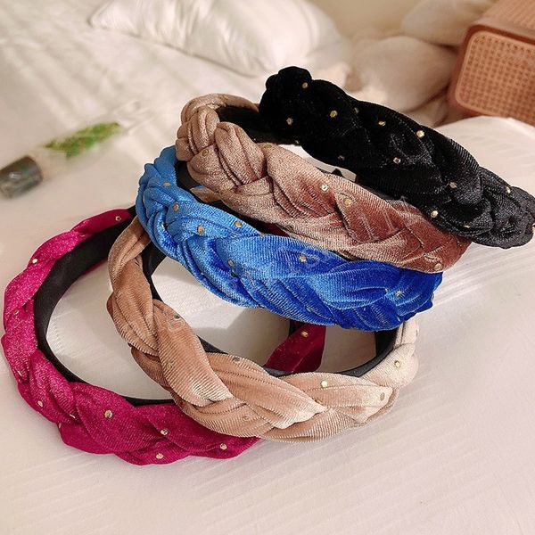 

women's bling braided headbands solid color all-match velvet twist hair hoop ladies hair accessories retro polka dot headband, Slivery;white