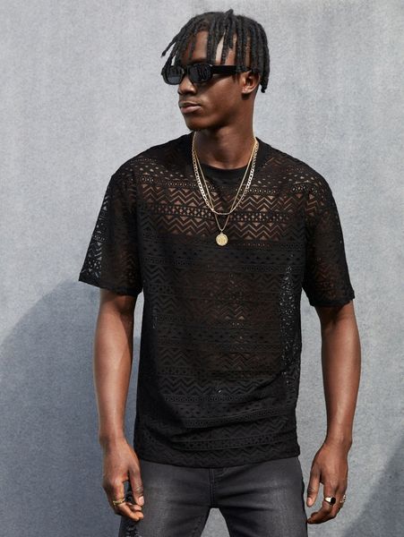 

men sheer lace tee 62hm#, White;black