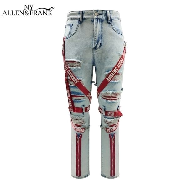 

autumn personality trend brand slim-fit straight jeans men's street hip-hop holes fashion young pants casual trousers 220328, Blue