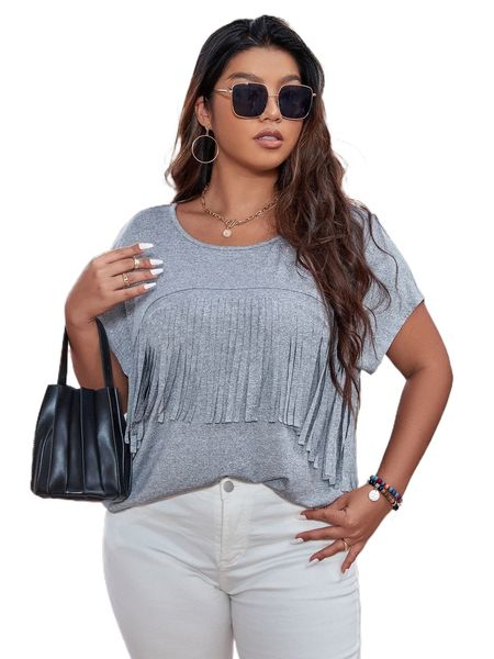 

plus fringe detail batwing sleeve tee w3uh#, Black