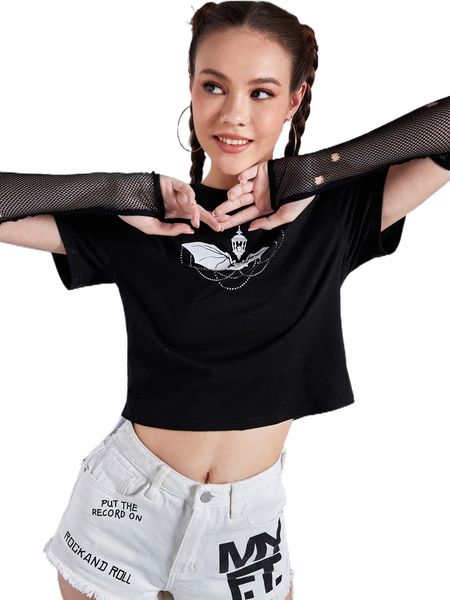 

x madison hocker batwing print crop tee with ripped gloves s7bv#, White